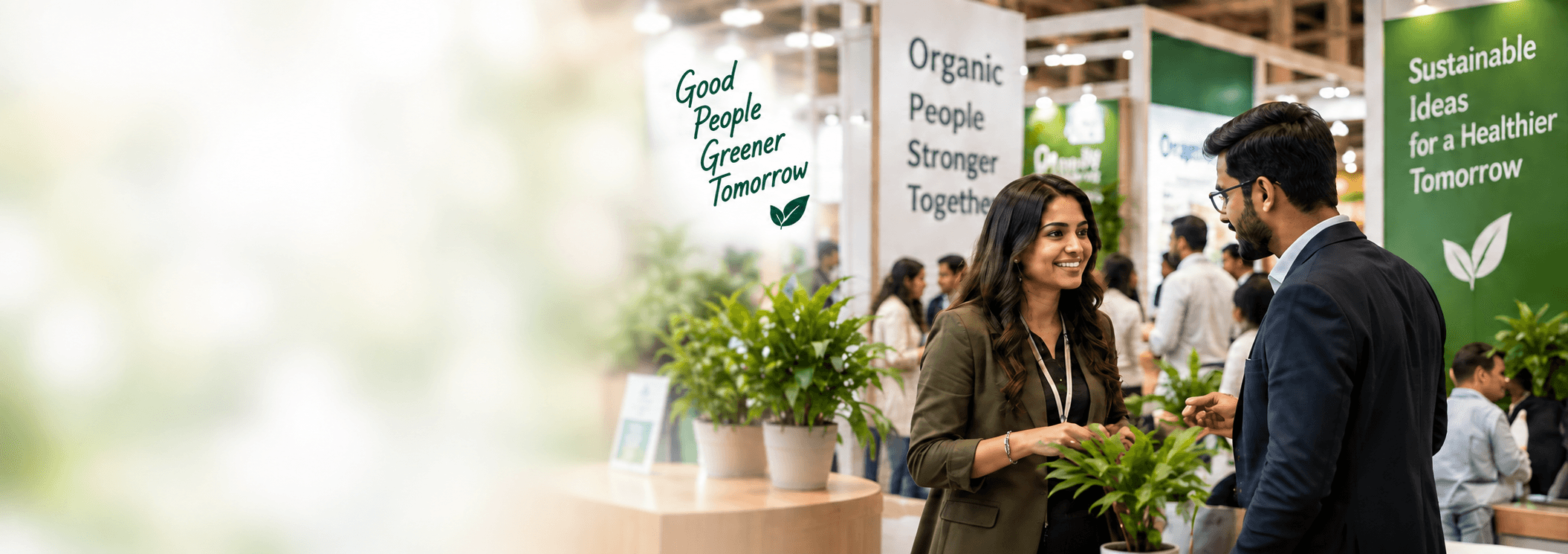 Professionals networking at a sustainable organic expo
